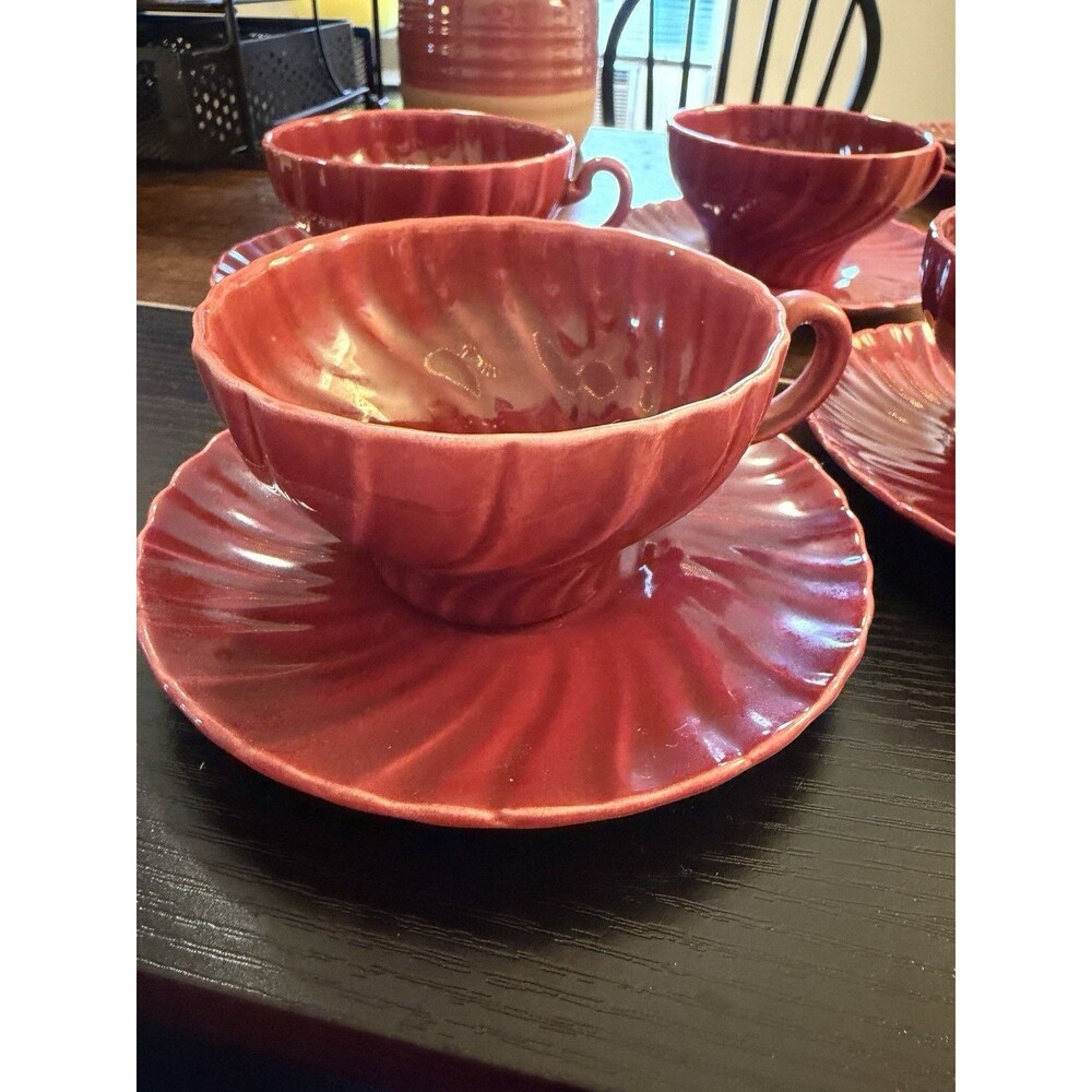 Franciscan Coronado Tea Cup and Saucer Swirl Burgundy Maroon Glossy Set of 4 VTG - Picture 3 of 7